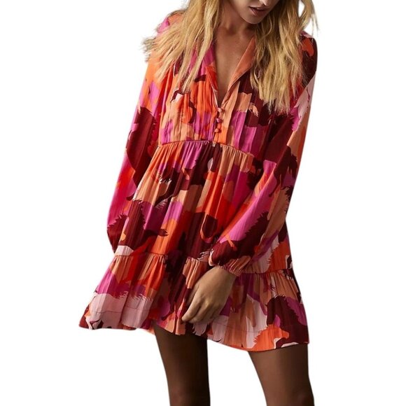 Maeve by Anthropologie Tiered Long-Sleeve Mini Dress Horse Print Size XS NWT - Picture 3 of 16